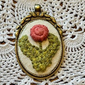 Hand-Embroidered Floral Pendant - Salmon Pink Flower, Green Leaves